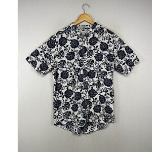 Floral Coastal Heritage Report Collection Women L White Navy Linen Band Shirt